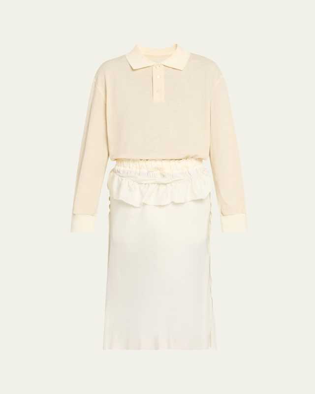 Mixed-Media Silk Midi Polo Dress